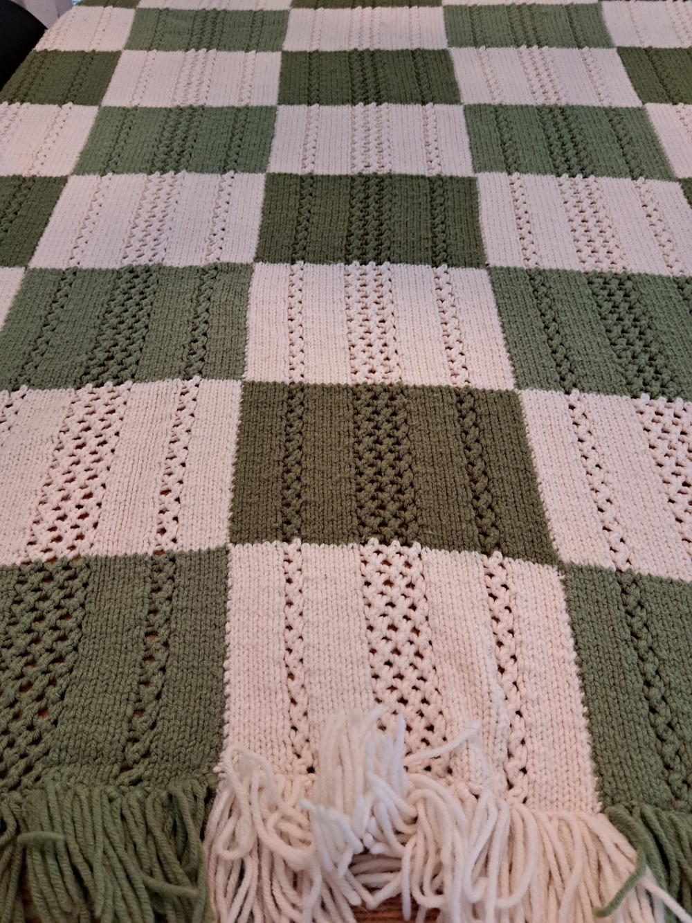 Soft Knit Checkered Throw Blanket in Sage and Cream (Read)